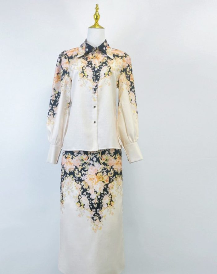 New Pearl Button Silk Hemp Blouse High Waist Pleated Swing Long Skirt Set-GZYYKJ084