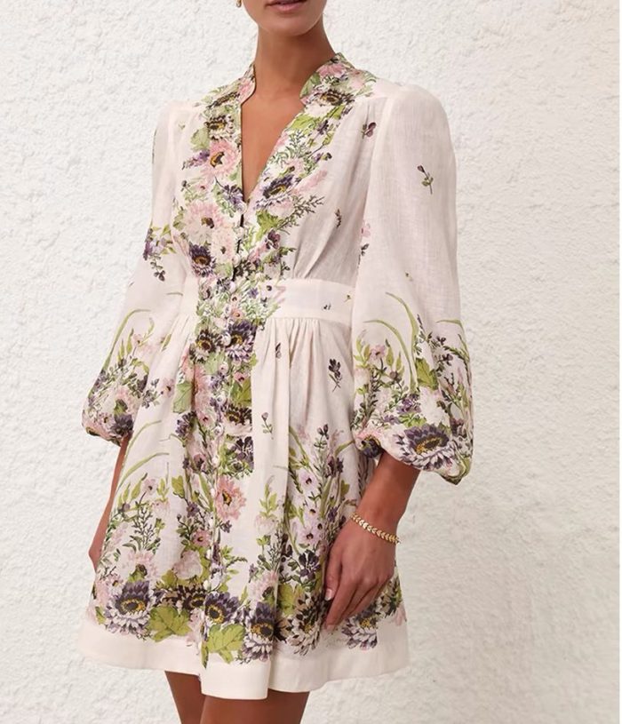 spring new women's long-sleeved V-neck loose printed bohemian dress-GZYYKJ064