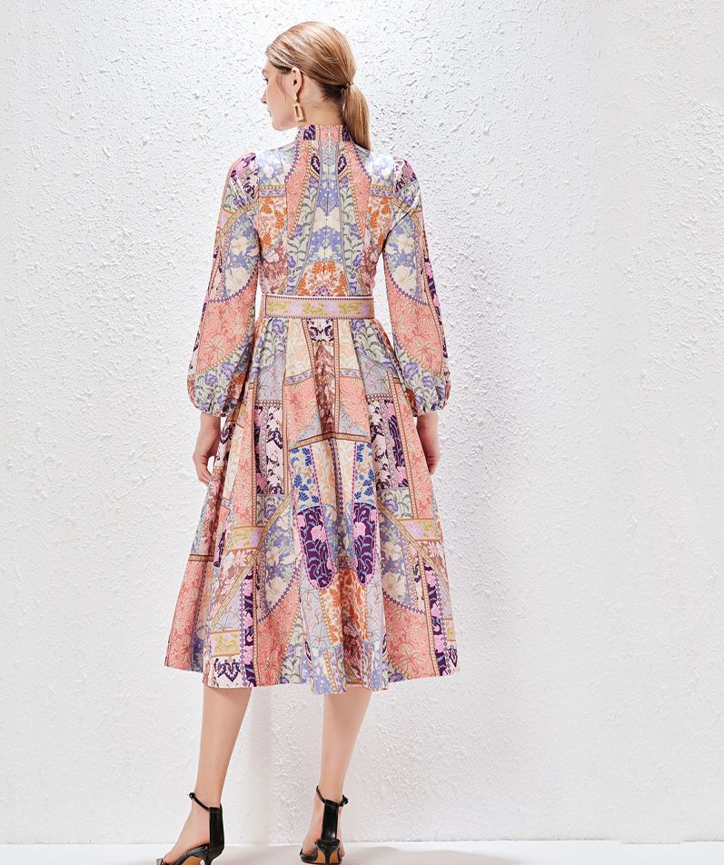 Women's Fashion V-neck Long Sleeve Slim High Waist Print Dress-YY0016GZ