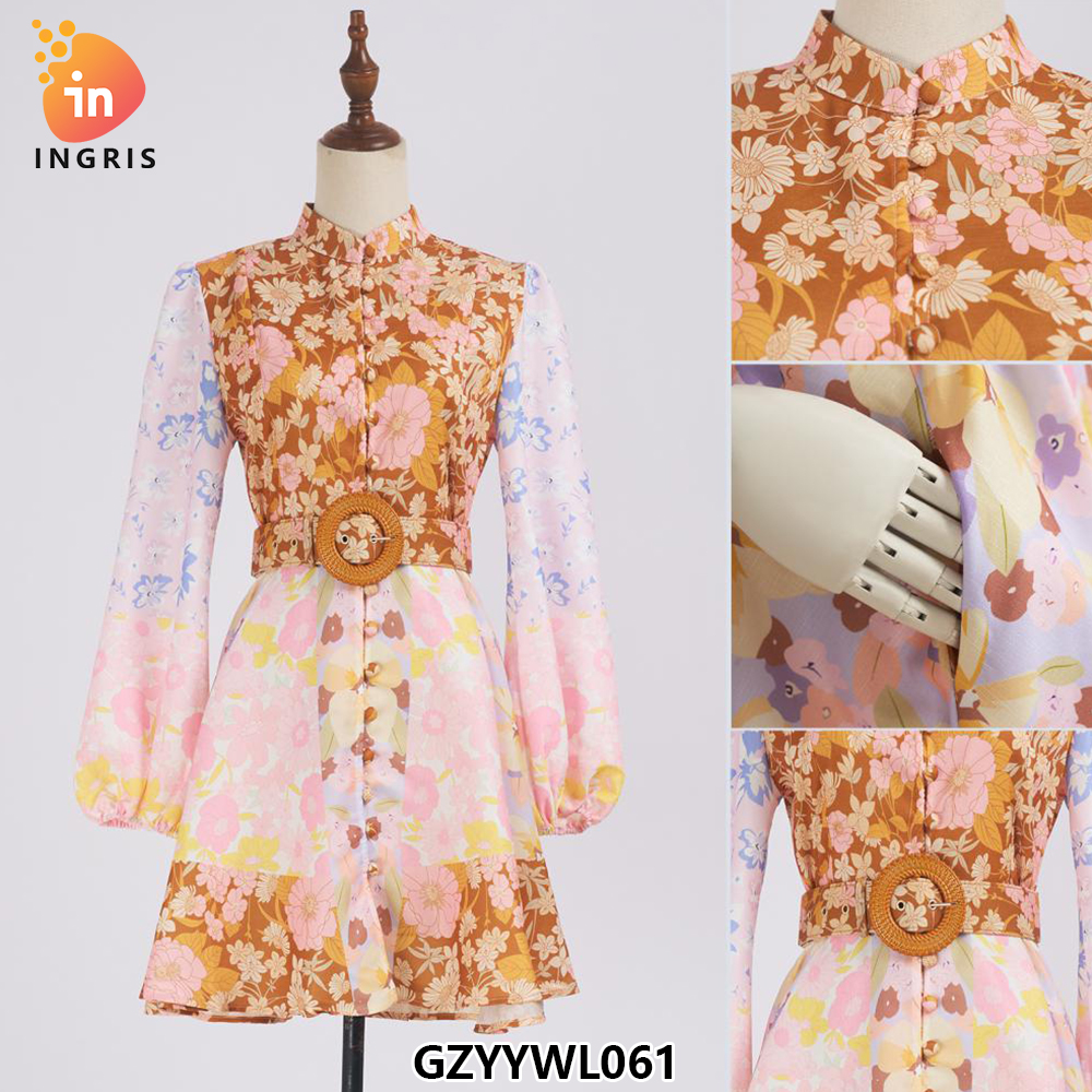 Spring/summer Thin Chic Stand-up Collar Single Breasted Lantern Long Sleeve Lace-up Waist Large Fold Hemline Printed Dress-GZYYWL061