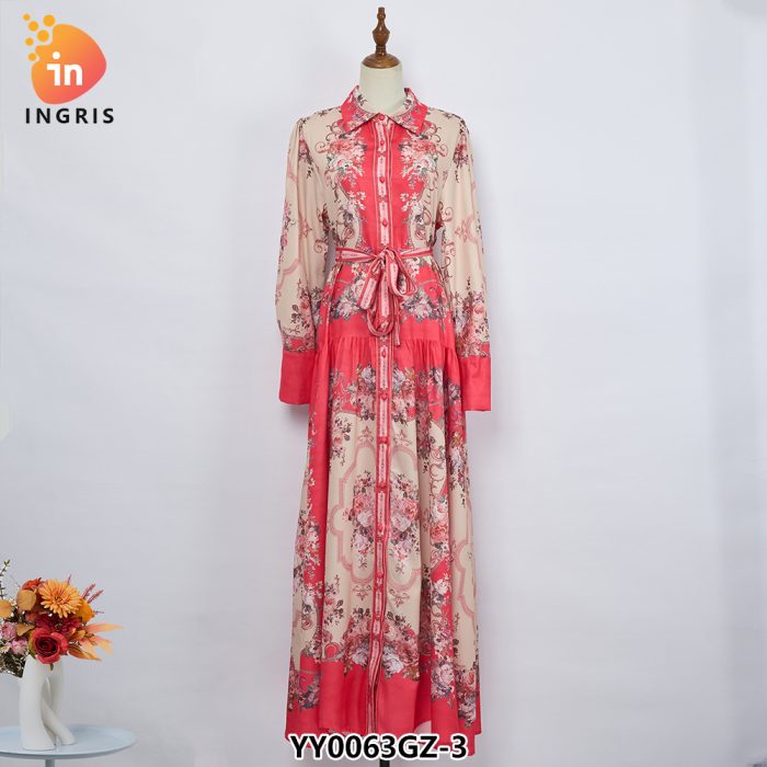 Stand Collar Trumpet Sleeve Printed Long Lace Dress-YY0063GZ
