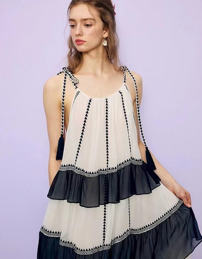 Wholesale Colorblock Tiered Silk Georgette Maxi Dresses Sleeveless Loose Holiday Vacation Dress Beach Ladies Dress-GZYYKJ074