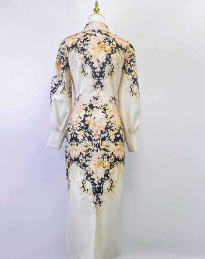 New Pearl Button Silk Hemp Blouse High Waist Pleated Swing Long Skirt Set-GZYYKJ084