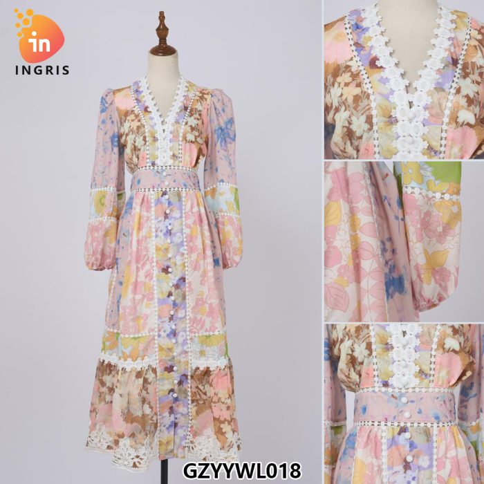 Elegant Chiffon Dress Women's Lace up Waist Slim Collar Ruffle Pleated Long Sleeve Dress-GZYYWL018