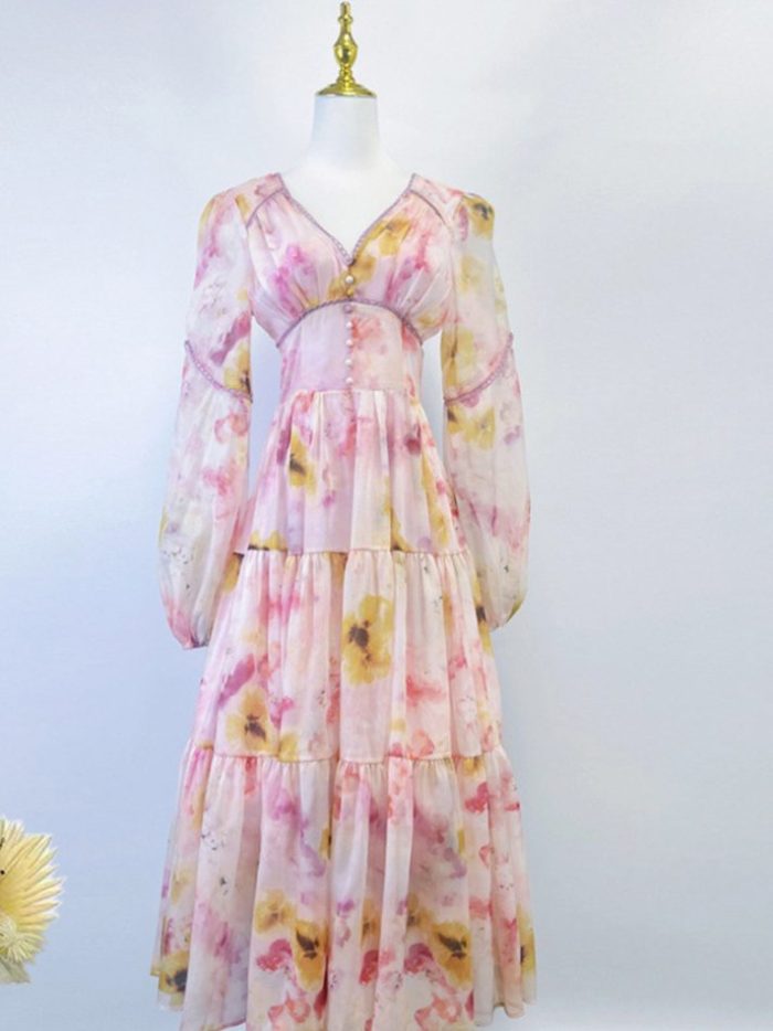 Elegant V-neck Puff Printed Long Dress Autumn New Wholesale Clothing-GZYYWL016
