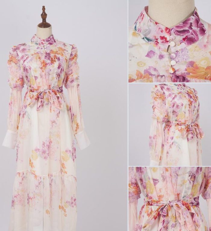 Spring Summer New Fashion Printed Tie Long Elegant Chiffon Dresses for Women-GZYYWL040