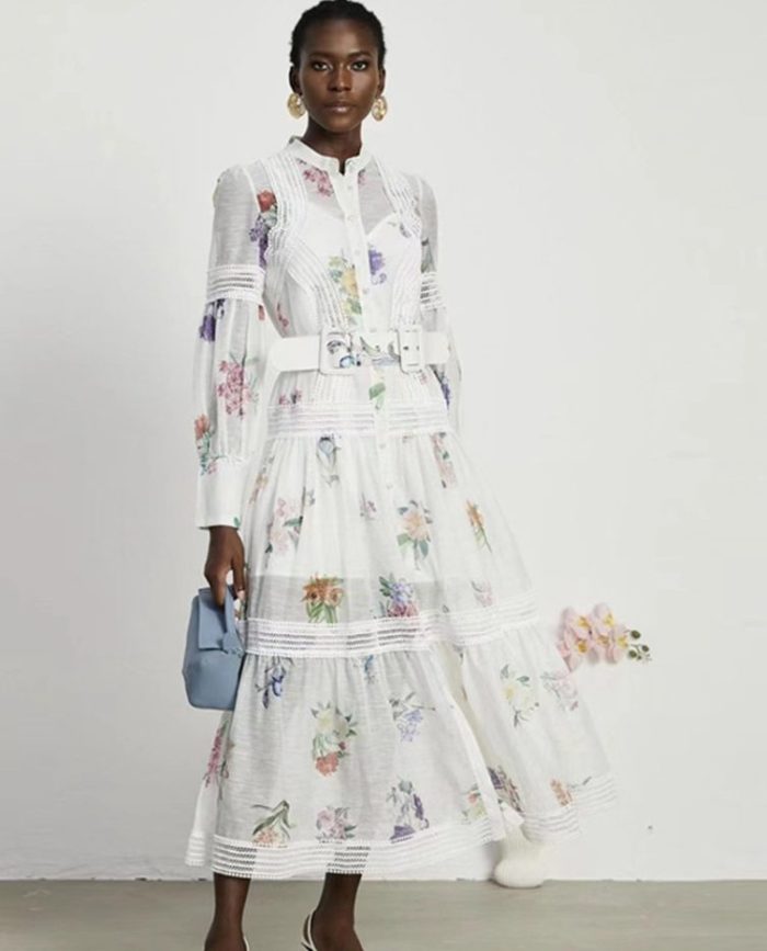 Vintage Lace V-neck Flower Bead Buckle Waist Swing Puff Printed Long Dress Autumn New Wholesale Clothing-GZYYKJ099