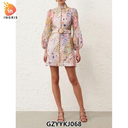 Spring New Stand Collar Single-Breasted Long Sleeve Retro Floral Print Loose Lace Waist Long Casual Floral Chiffon Summer-GZYYKJ068