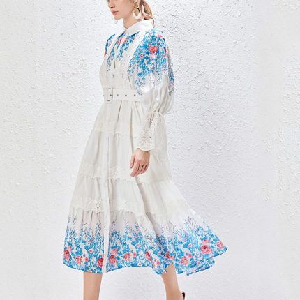Wholesale Middle Eastern Fashion Clothing Digital Print Mid Waist Long Dress Puffy Sleeve Lapel Robe Women Muslim Abaya-YY0071GZ