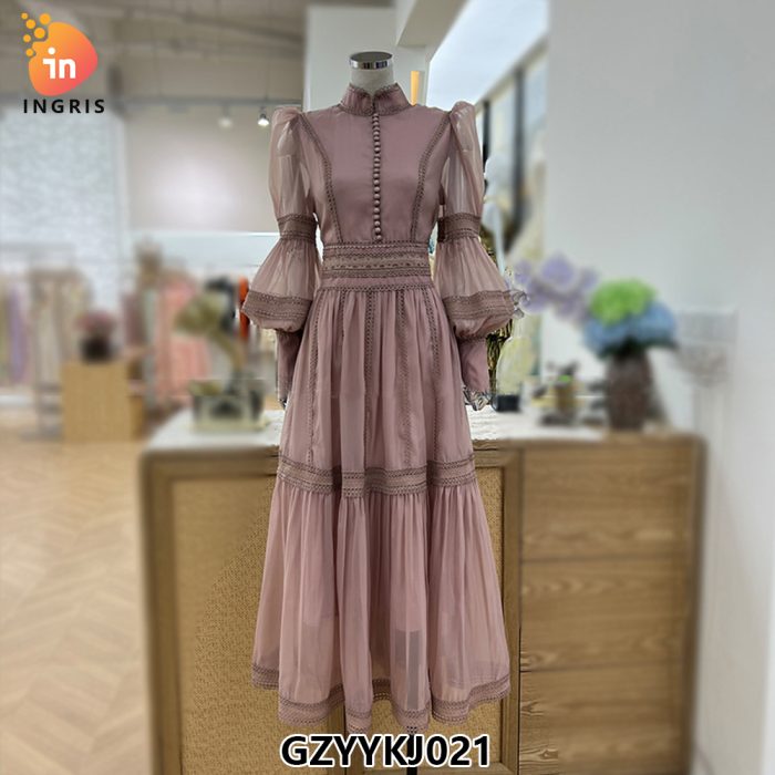 Spring and summer new style fashionable and elegant long skirt lace splicing design lantern sleeve dress-GZYYKJ021