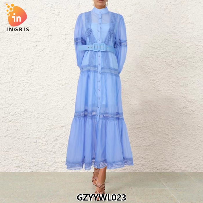 Lace Patchwork Lantern Sleeves Spring and Autumn French Long Sleeve Loose Ruffle Dress for Women-GZYYWL023