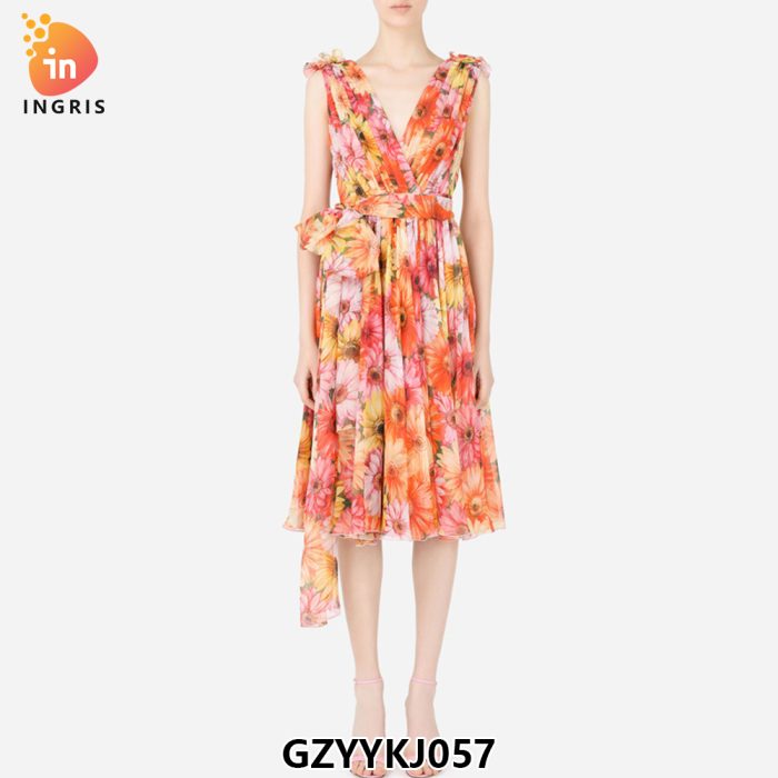 Ladies High Fashion Summer Square Neck Sleeveless Floral Print Midi Dress for Women-GZYYKJ57