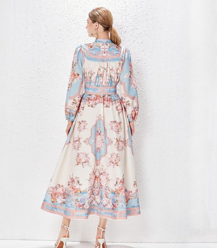 Summer New Women's Sexy Floral Print Long Puff Sleeve Midi Dress-GZYYKJ001