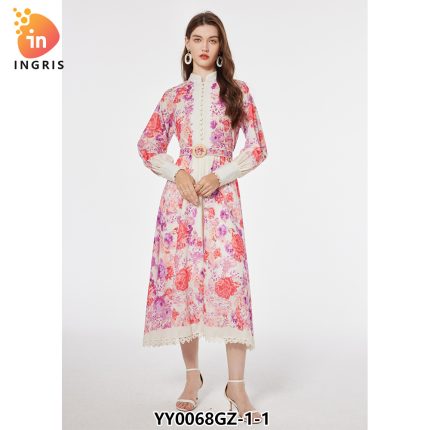 Summer New French Vintage Lace Patchwork Floral Print Dresses Women's Clothing Luxury Elegant Evening Dress-YY0068GZ