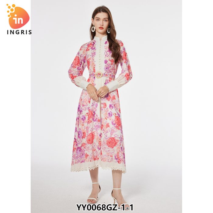 Summer New French Vintage Lace Patchwork Floral Print Dresses Women's Clothing Luxury Elegant Evening Dress-YY0068GZ