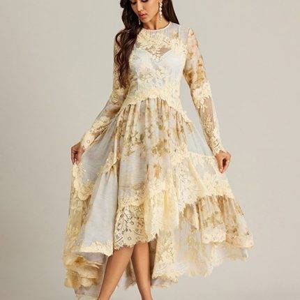 Spring Fashion Women Peter Pan Collar Sequined Beading Deco Long Sleeve Party Elegant Maxi Dress