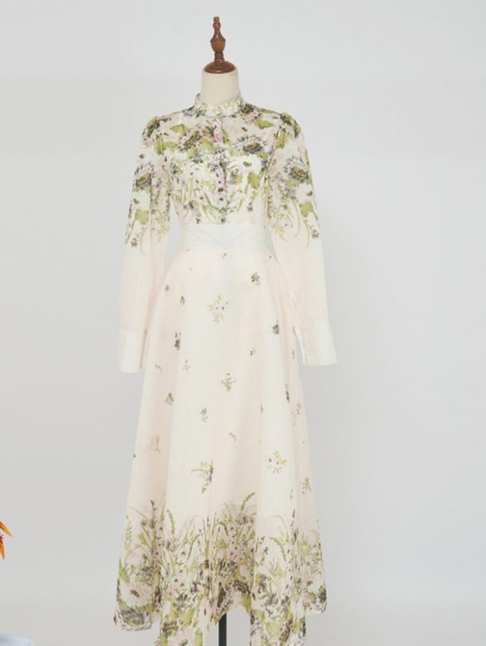 Crew Neck Floral Print Back Zipper Fly Long Sleeve Multi Color Casual Fashion Long Dress for Women-YY0053GZ