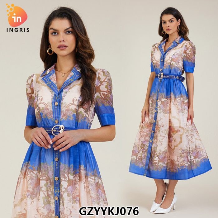 Notched Elegant Dresses Flower Printing Waist Belt Single Breasted Casual Dress for Women-GZYYKJ076