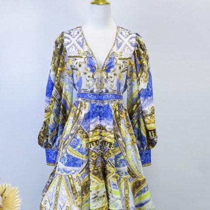 Long Dress Summer Evening Women's V Neck Retro Print Bead Decoration Short Sleeve Long Extra Long Blue Dress Luxury-GZYYKJ085