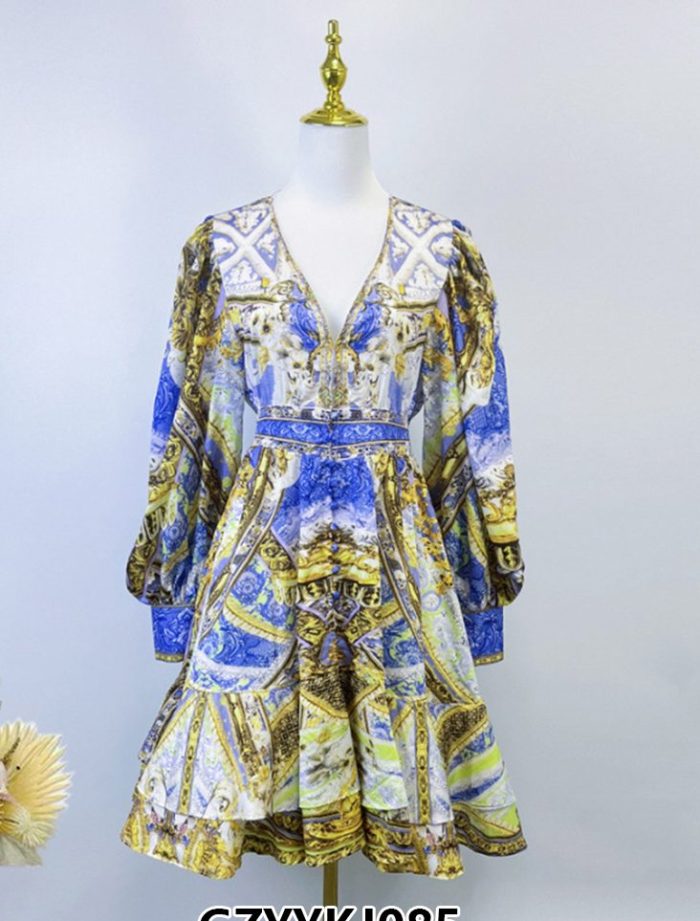 Long Dress Summer Evening Women's V Neck Retro Print Bead Decoration Short Sleeve Long Extra Long Blue Dress Luxury-GZYYKJ085