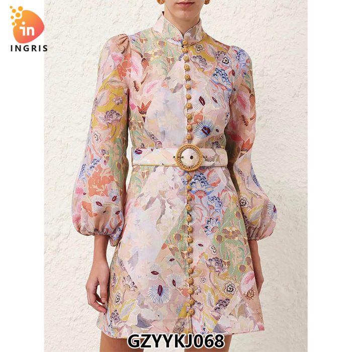 Spring New Stand Collar Single-Breasted Long Sleeve Retro Floral Print Loose Lace Waist Long Casual Floral Chiffon Summer-GZYYKJ068