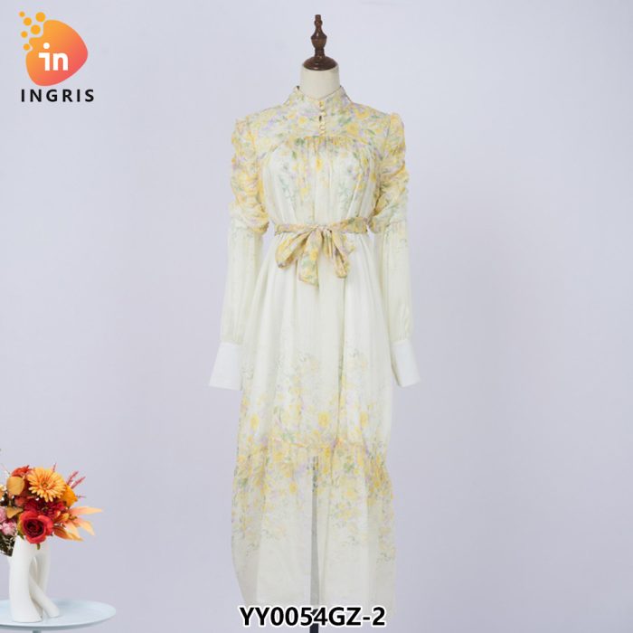 Stand Collar Tunic Bandage Casual Midi Dress for Women Long Sleeve Empire Printed Lace Dress Red Yellow-YY0054GZ