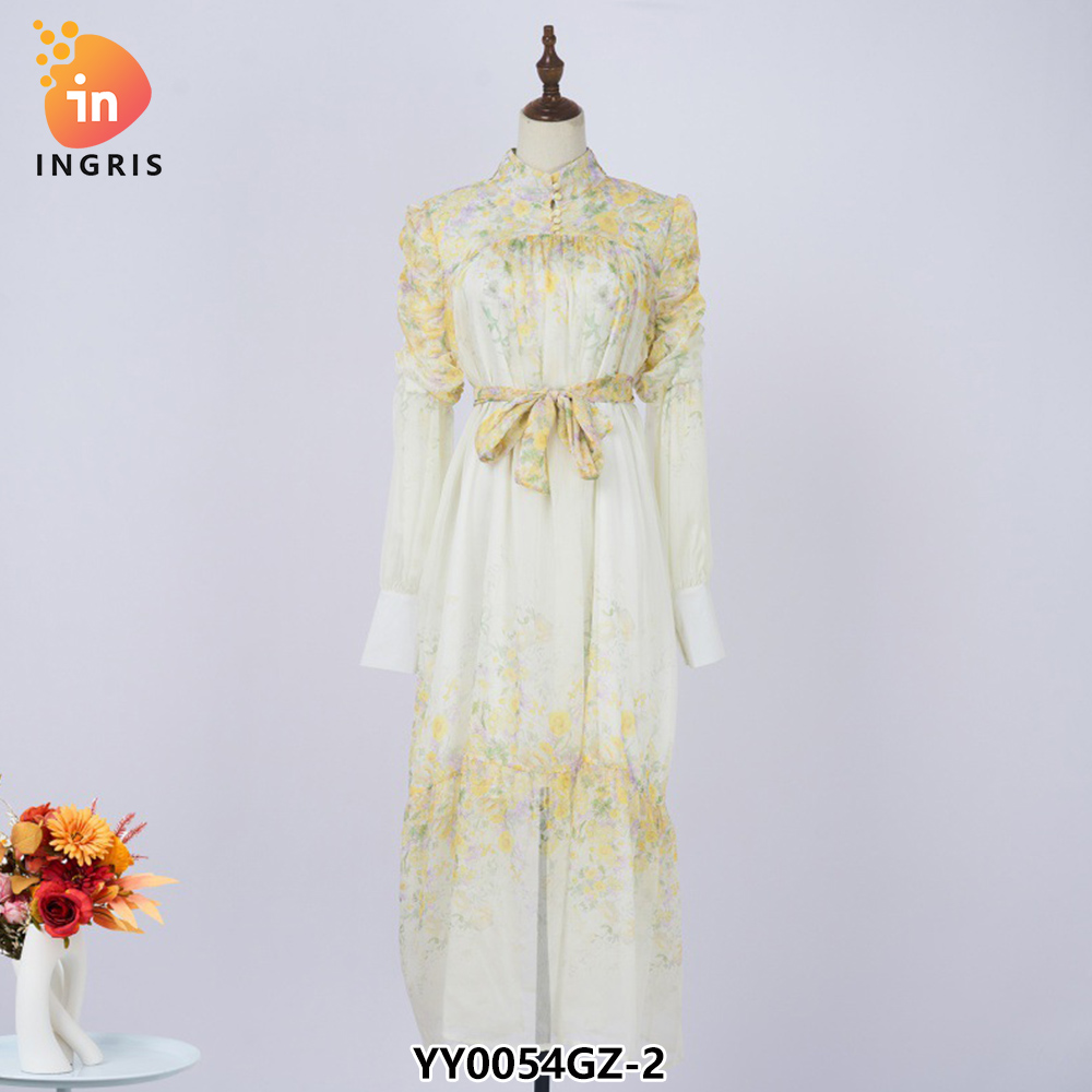 Stand Collar Tunic Bandage Casual Midi Dress for Women Long Sleeve Empire Printed Lace Dress Red Yellow-YY0054GZ