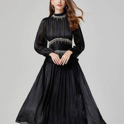 Heavy Industry Small Tassel Diamonds Illuminating Folded Waist Large Swing A-line Long Maxi Dress 2024-YY0006GZ