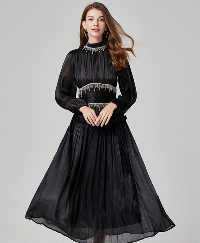 Heavy Industry Small Tassel Diamonds Illuminating Folded Waist Large Swing A-line Long Maxi Dress 2024-YY0006GZ