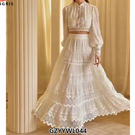 Spring New Arrival Solid Color French Lace Patchwork Puff Sleeve Shirt and Maxi Skirt Suits Set Two Pieces Woman-GZYYWL044