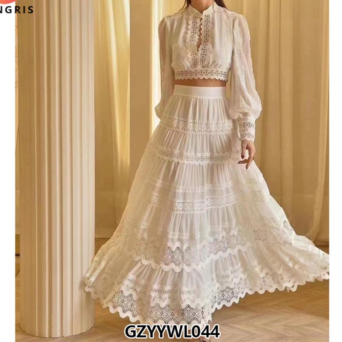 Spring New Arrival Solid Color French Lace Patchwork Puff Sleeve Shirt and Maxi Skirt Suits Set Two Pieces Woman-GZYYWL044