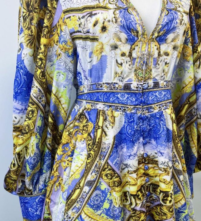Long Dress Summer Evening Women's V Neck Retro Print Bead Decoration Short Sleeve Long Extra Long Blue Dress Luxury-GZYYKJ085