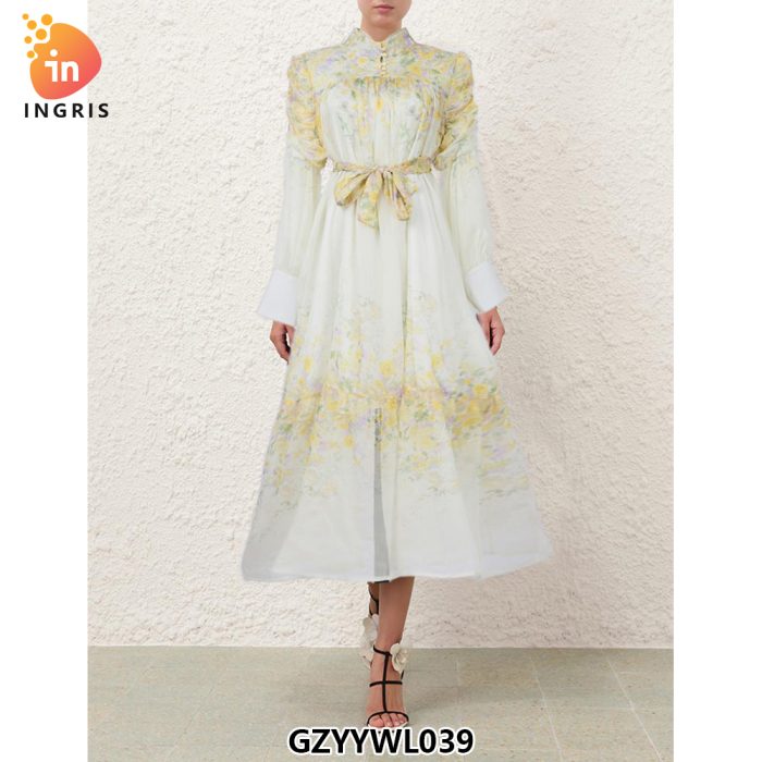 Stand Collar Floral Print Long Sleeve Buttons up Casual Fashion Midi Dress for Women-GZYYWL039