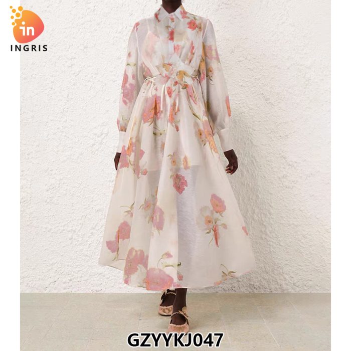 Women Pink Long Sleeves Printed Midi Ladies Summer Elegant Vestido Casual Dress-GZYYKJ047