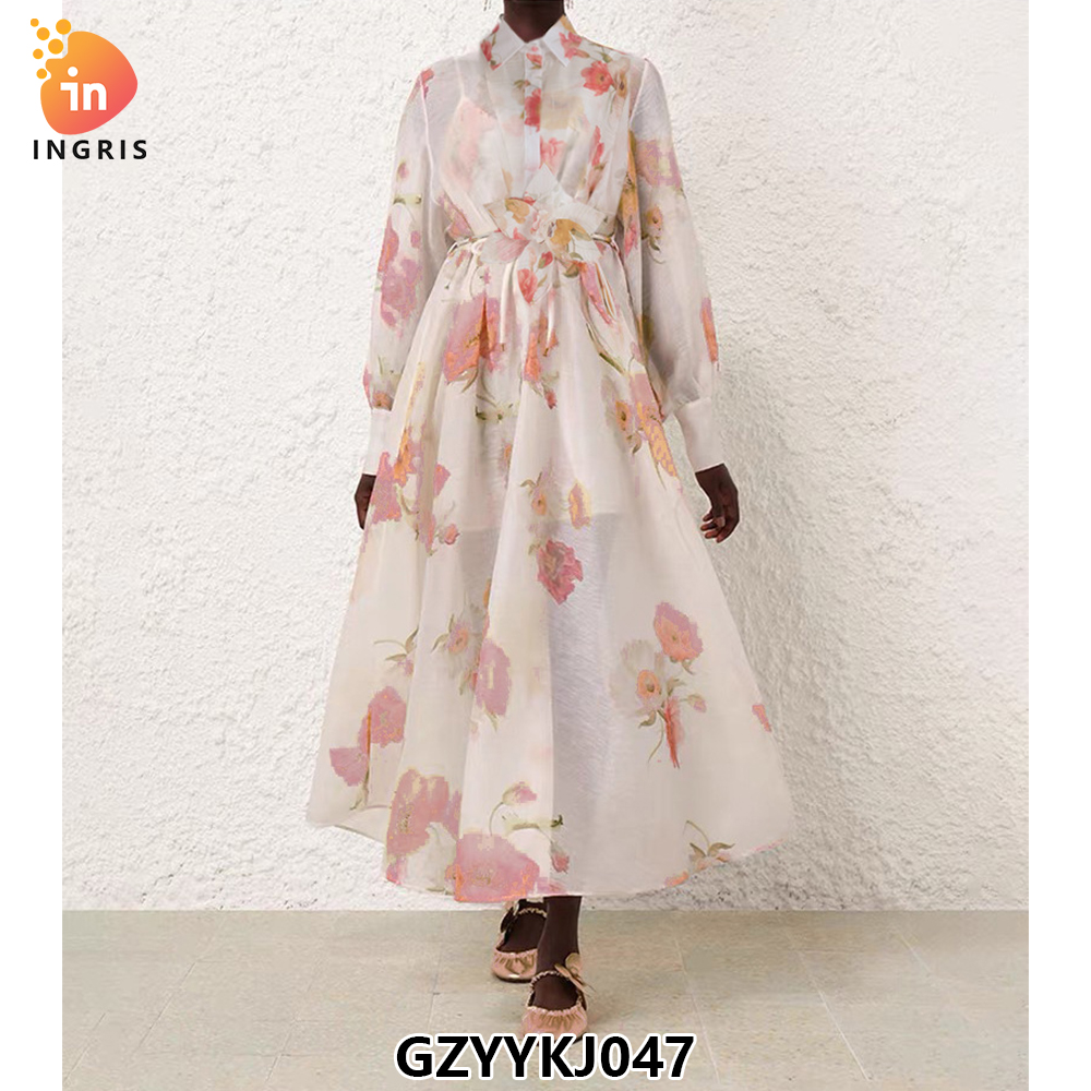 Women Pink Long Sleeves Printed Midi Ladies Summer Elegant Vestido Casual Dress-GZYYKJ047