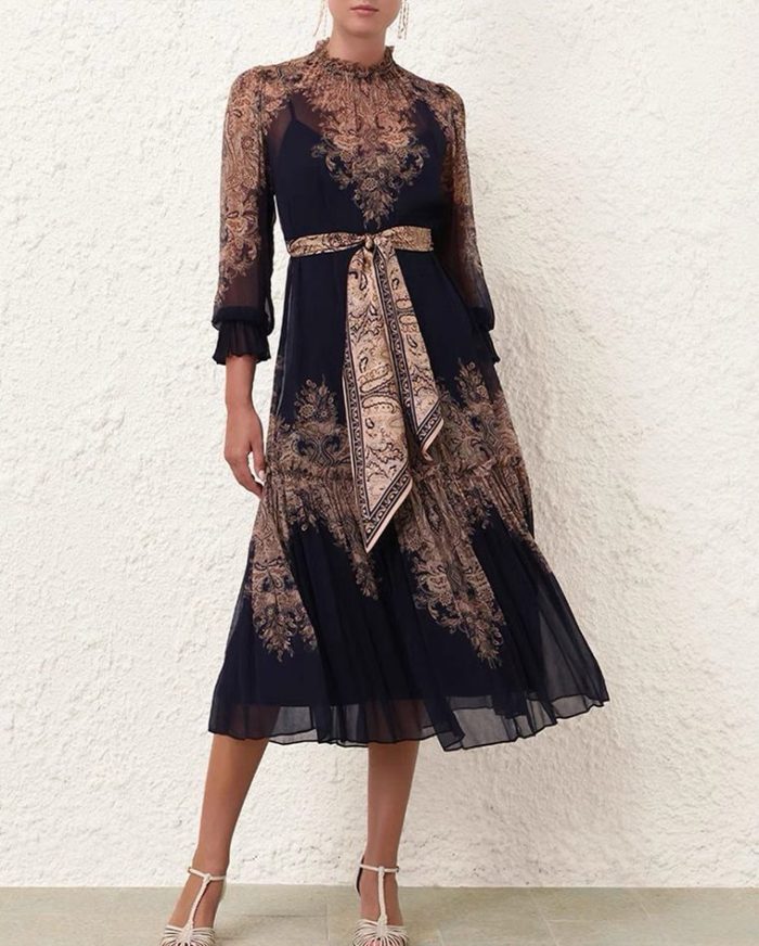 American Women's Spring/Summer Stand up Neck Lantern Sleeves Long Retro Print Two Piece Dress-GZYYKJ060