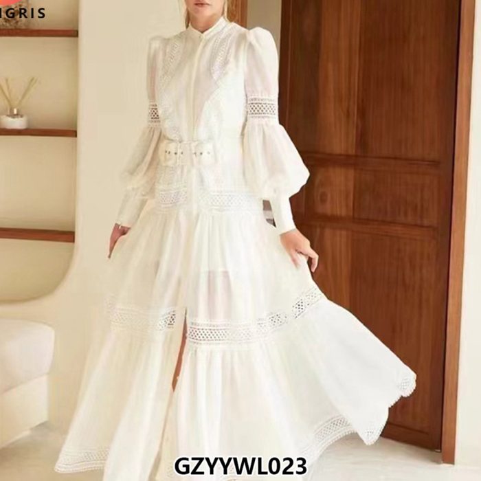 Lace Patchwork Lantern Sleeves Spring and Autumn French Long Sleeve Loose Ruffle Dress for Women-GZYYWL023