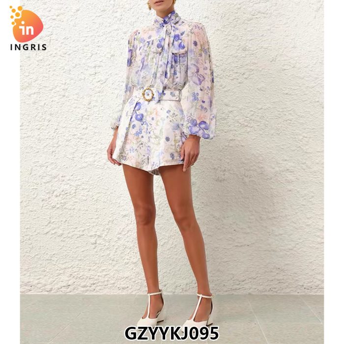 Hot Sale High Quality Stand Collar Floral Loose-Fit Long Sleeve Bodysuits Women Short Jumpsuit Bohemia Style Linen Playsuits-GZYYKJ095