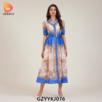 Notched Elegant Dresses Flower Printing Waist Belt Single Breasted Casual Dress for Women-GZYYKJ076