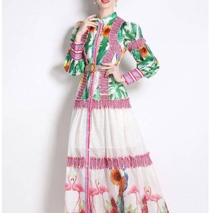 Beach dress Spring and autumn fashion lantern sleeve stand collar A-line dress-YY0030GZ