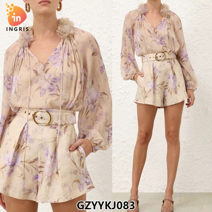 Hot Sale High Quality Stand Collar Floral Loose-Fit Long Sleeve Bodysuits Women Short Jumpsuit Bohemia Style Linen Playsuits-GZYYKJ083