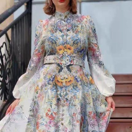 Elegant Women Clothing New Round Neck Flower Print Silky Dress-GZYYKJ010