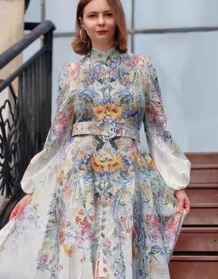 Elegant Women Clothing New Round Neck Flower Print Silky Dress-GZYYKJ010