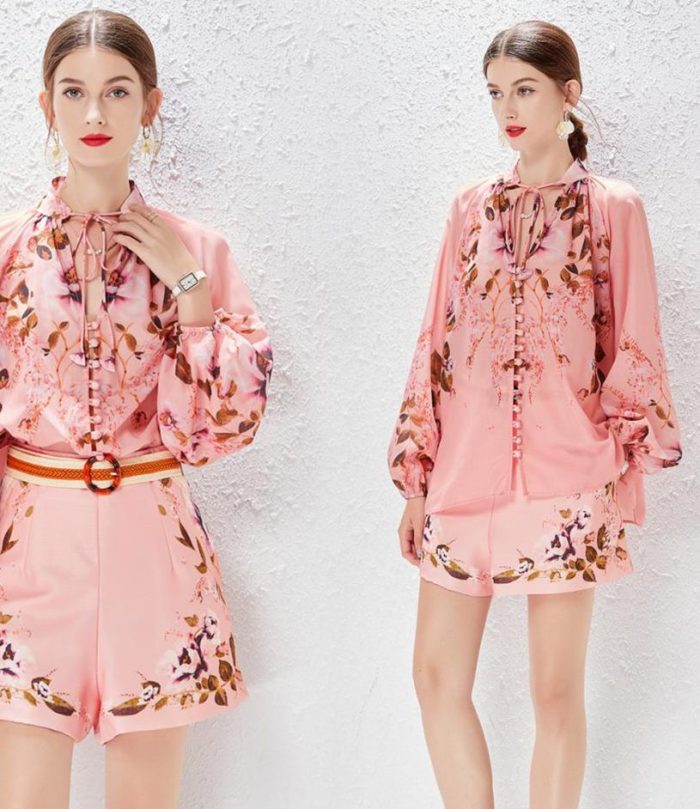 New Temperament Lace-up Lantern Sleeve Shirt and High Waist Shorts Fashion Set for Women-GZYYKJ041