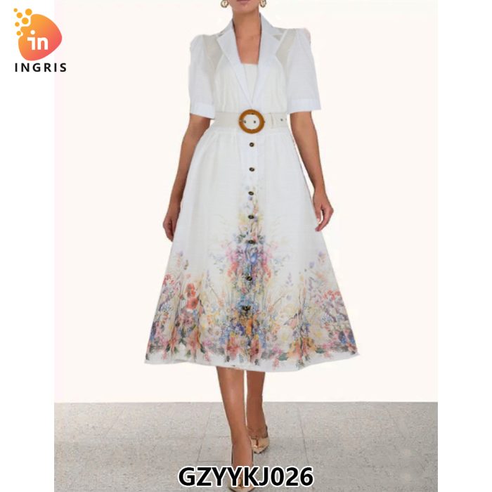 New Fashion Spring/Summer Women's Vacation Style Suit Collar Short Sleeve Large Swing Long Dress Printed Dress-GZYYKJ026