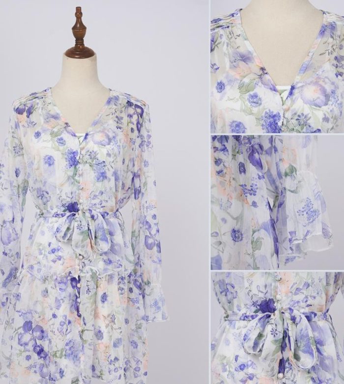 Brand new blue and white buttoned lace-up puff long-sleeved casual and elegant floral short dress-GZYYWL042