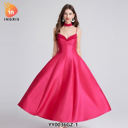 High Quality a Line V Neck Sleeveless a Line Spaghetti Midi Dress Women Party Dress Women-YY0036GZ