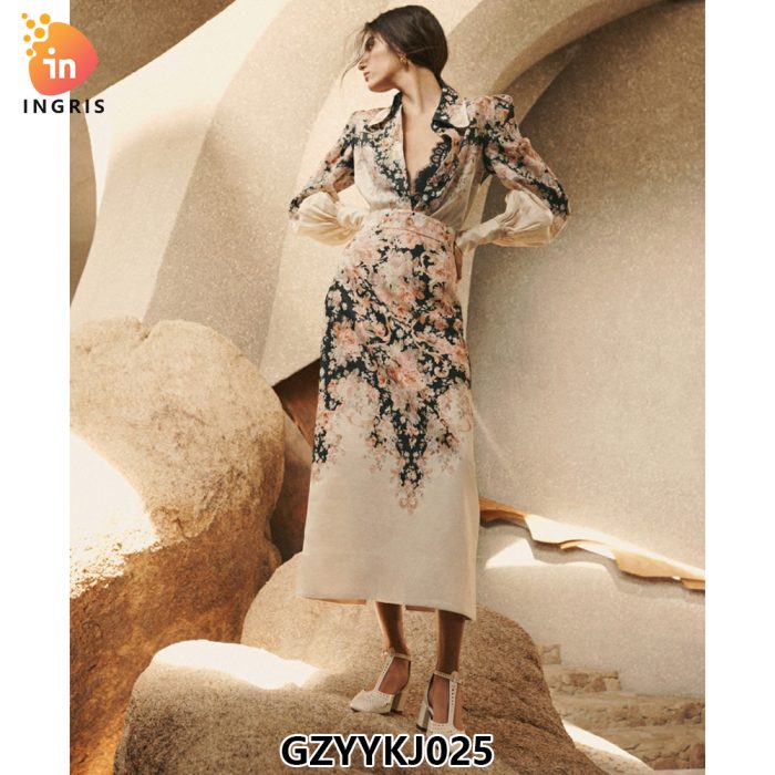 Vintage Print Womens Dress Shirt Collar Trendy Puff Sleeve Slim Long Dresses Women Lady Elegant-GZYYKJ025