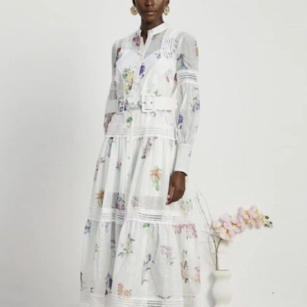 Vintage Lace V-neck Flower Bead Buckle Waist Swing Puff Printed Long Dress Autumn New Wholesale Clothing-GZYYKJ099