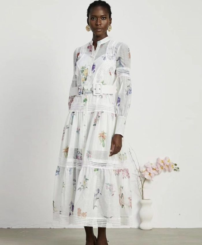 Vintage Lace V-neck Flower Bead Buckle Waist Swing Puff Printed Long Dress Autumn New Wholesale Clothing-GZYYKJ099